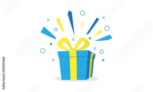 surprise blue gift box, birthday celebration, special give away package, loyalty program reward, wonder gift with exclamation mark, vector icon, flat illustration