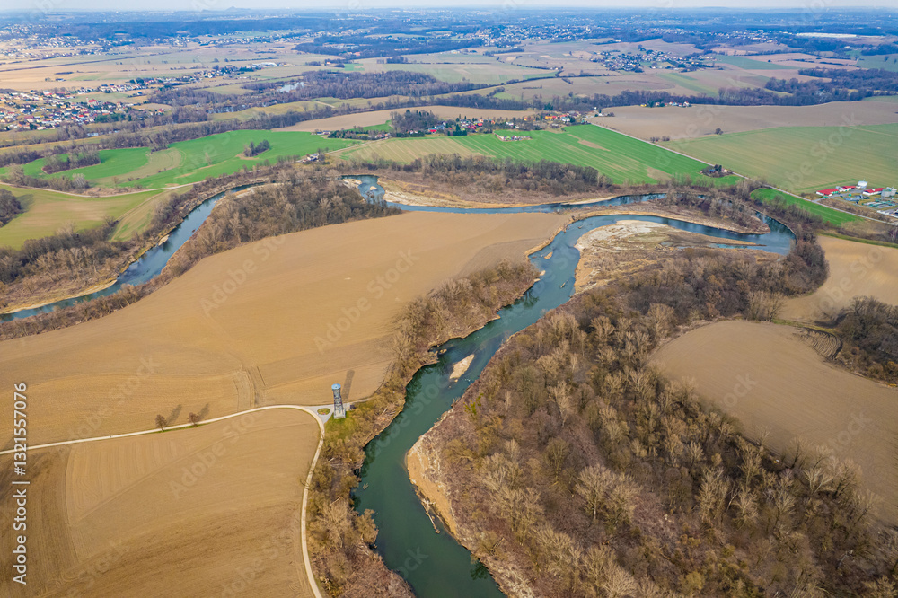 Meandry rzeki Odra w okolicach Chałupek na Śląsku. Granica Polski i Czech. Panorama z lotu ptaka wczesną wiosną.