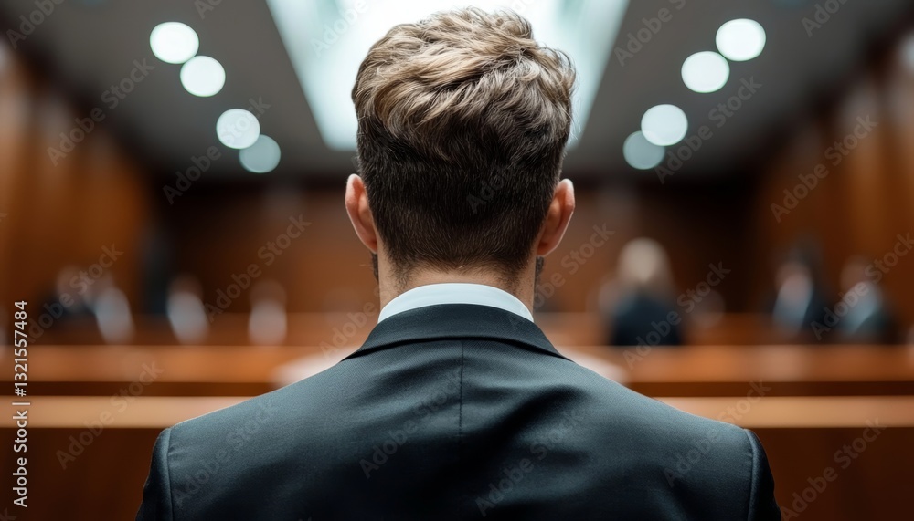 Fototapeta premium A future lawyer standing in a courtroom, dressed in a suit, passionately presenting their case with confidence.