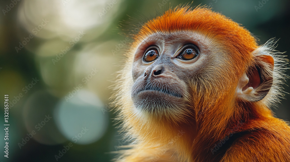 Obraz premium Close-up of young golden monkey, orange fur, expressive eyes looking up, soft texture, natural bokeh background, evokes feelings of wonder and curiosity