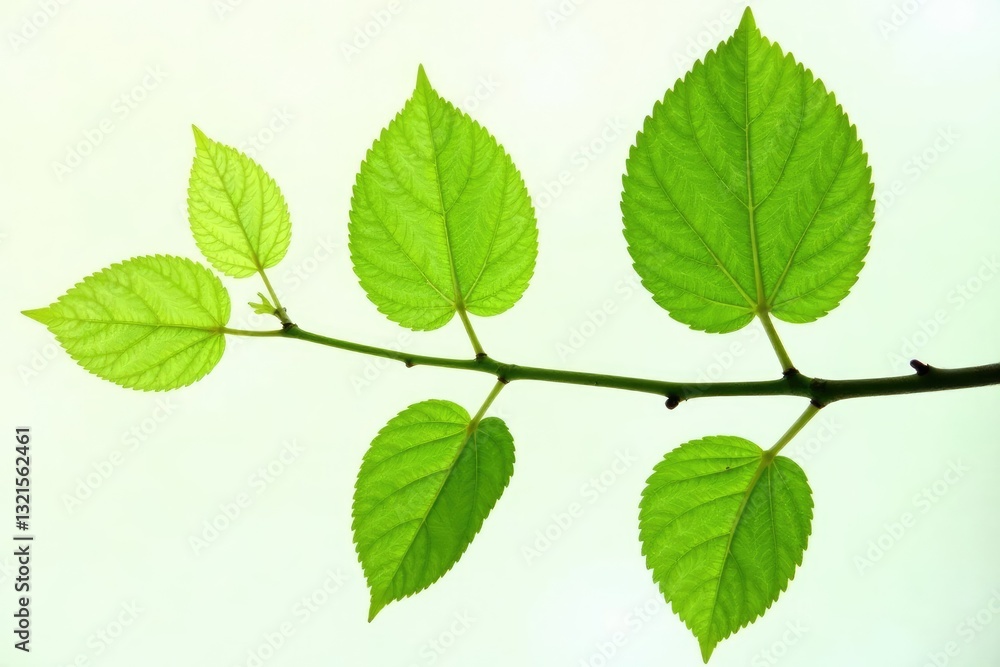 Leafy branches with delicate veins on white background, green, tree, plant Leafy branches with delicate veins on white background, green, tree, plant