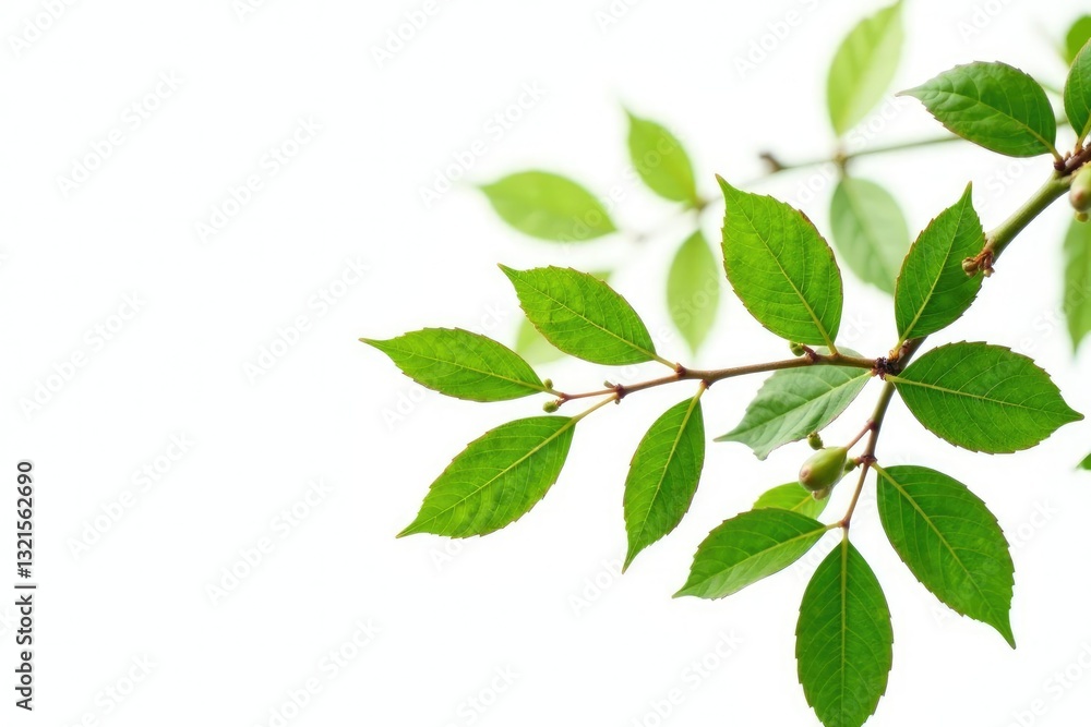 Obraz premium Leafy branches with twigs and small buds isolated on white background, plant life, twigs and buds, botanical