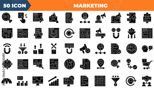 Marketing icon set. Containing Management, seo, target,and more. Solid vector icons collection.