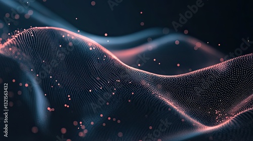 Neon digital particles forming a smooth wave, floating on a deep black background