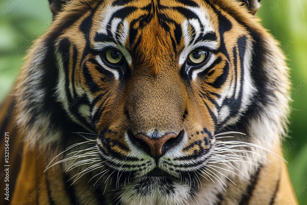 Obraz premium Close-up portrait of a tiger staring directly at the camera with sharp focus on its features and blurred background details