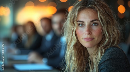 Wallpaper Mural Long-haired woman in corporate meeting with blurred colleagues discussing strategy Torontodigital.ca