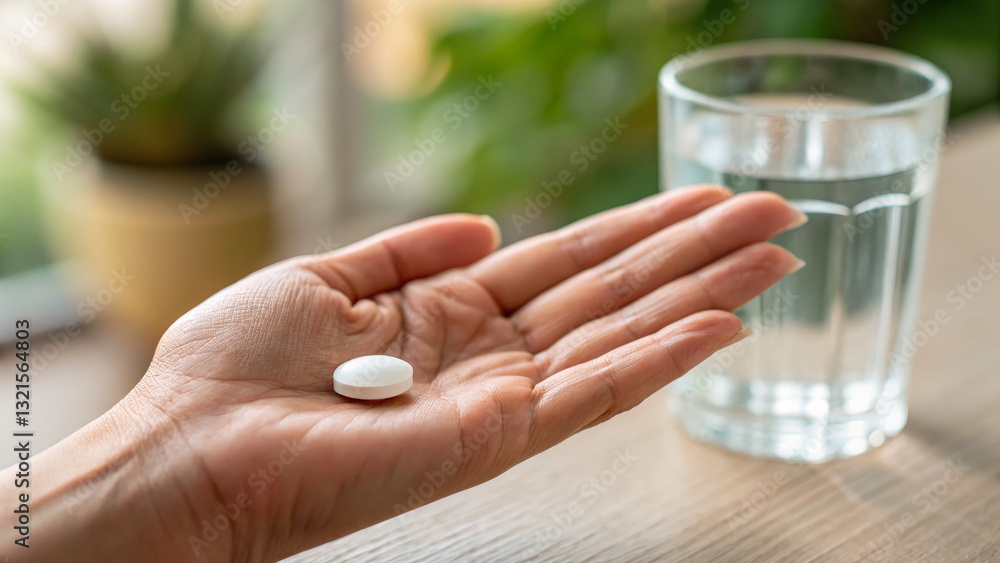 Single white pill in palm with water glass in blurred background Single white pill in palm with water glass in blurred background