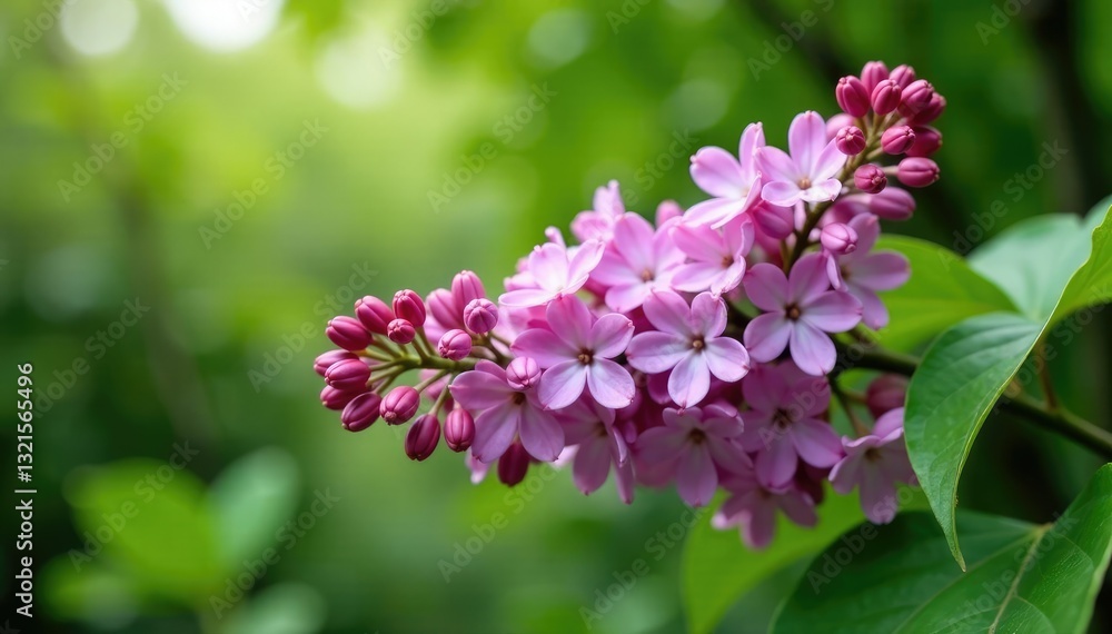 lilac branch in garden with blooming buds and green leaves, garden, trees lilac branch in garden with blooming buds and green leaves, garden, trees
