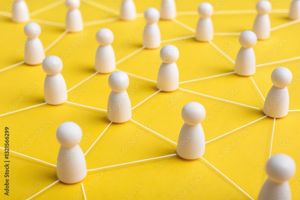 Fototapeta premium Leadership strengthens employee engagement and workplace connection concept. Conceptual illustration of social connections with white figures on a yellow background.