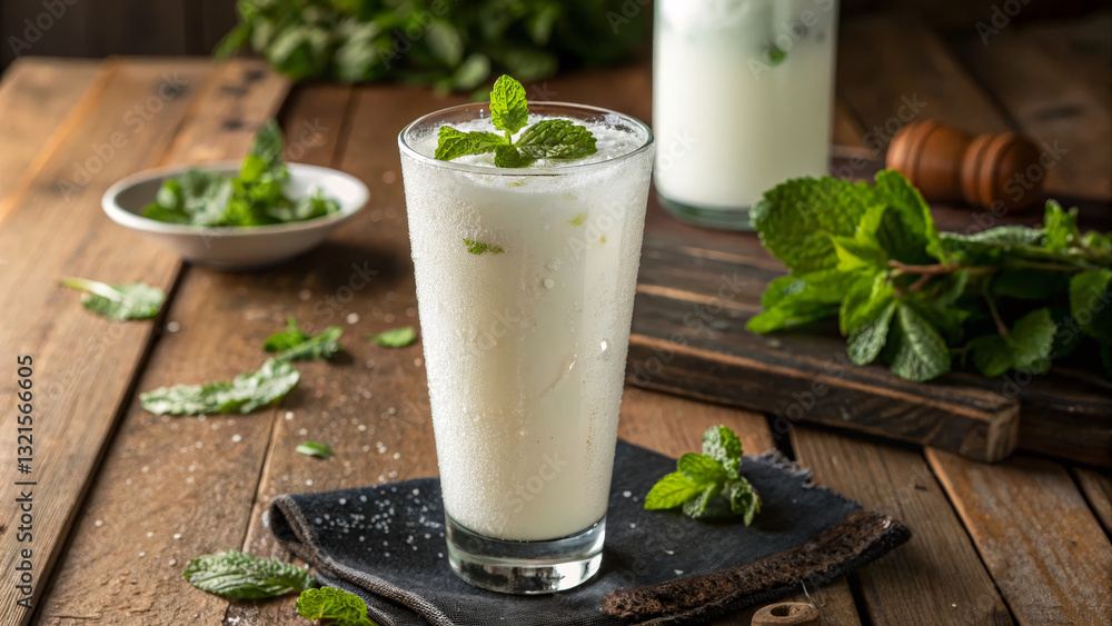 Tall glass of chilled ayran with mint and condensation on wooden table Tall glass of chilled ayran with mint and condensation on wooden table