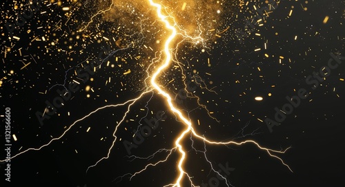 Abstract yellow gold lightning sparks anime on plain dark black background illustration
