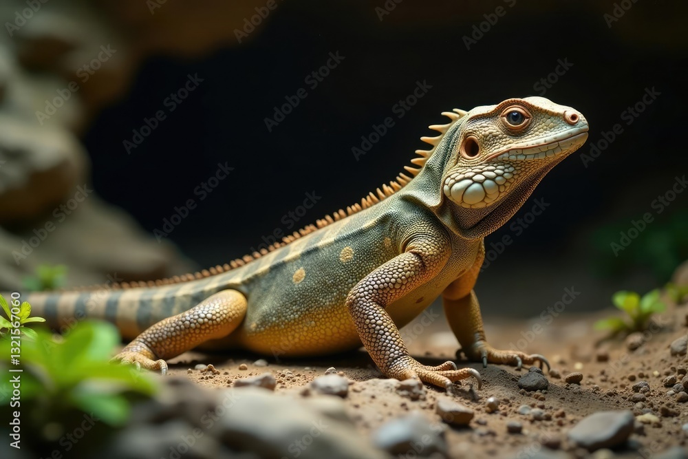 Lizard iguana on rocky cave floor with roots and ferns, earthy, lizard Lizard iguana on rocky cave floor with roots and ferns, earthy, lizard