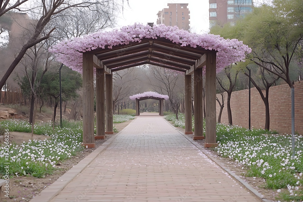 Obraz premium An inviting pedestrian walkway shaded by wooden floral structures