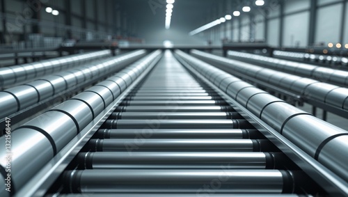 Industrial roller conveyor system with metal rollers in warehouse.