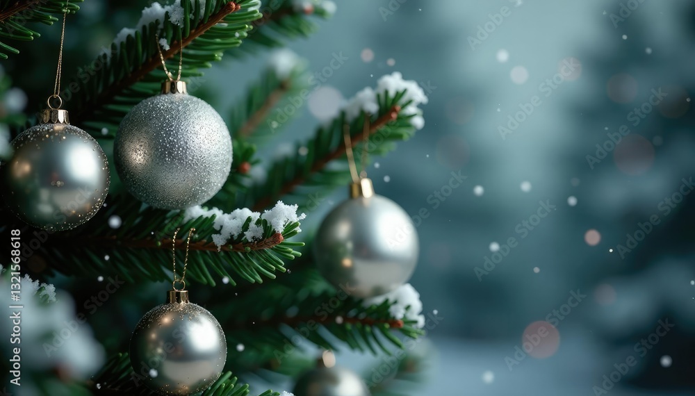 Pine tree branch decorated with metallic silver Christmas balls, snow, sleek Pine tree branch decorated with metallic silver Christmas balls, snow, sleek