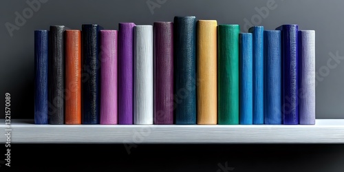 Colorful hardcover books arranged in row on white shelf against dark background, creating minimalist composition with vibrant spines in various hues.