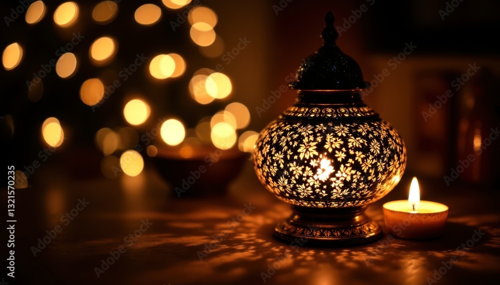 Ornate Lantern Illuminates Warm Atmosphere with Soft Candle Light. Ornate Lantern Illuminates Warm Atmosphere with Soft Candle Light.