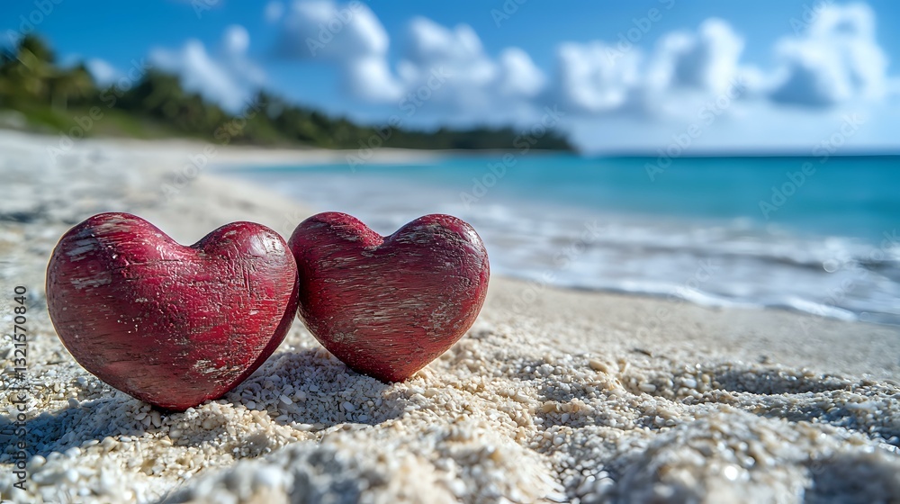 Fototapeta premium Two red wooden hearts on sandy tropical beach with turquoise ocean waves and blue sky with white clouds in background, romantic vacation concept.