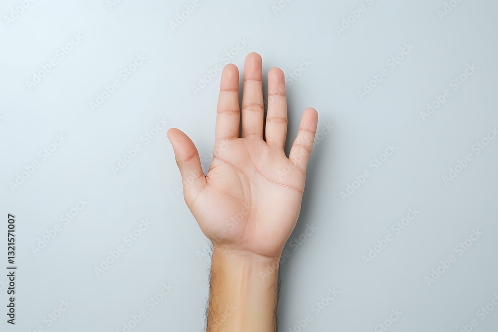 Caucasian male hand raised showing palm against light gray background, minimalist composition demonstrating greeting, voting, or stop gesture. Caucasian male hand raised showing palm against light gray background, minimalist composition demonstrating greeting, voting, or stop gesture.