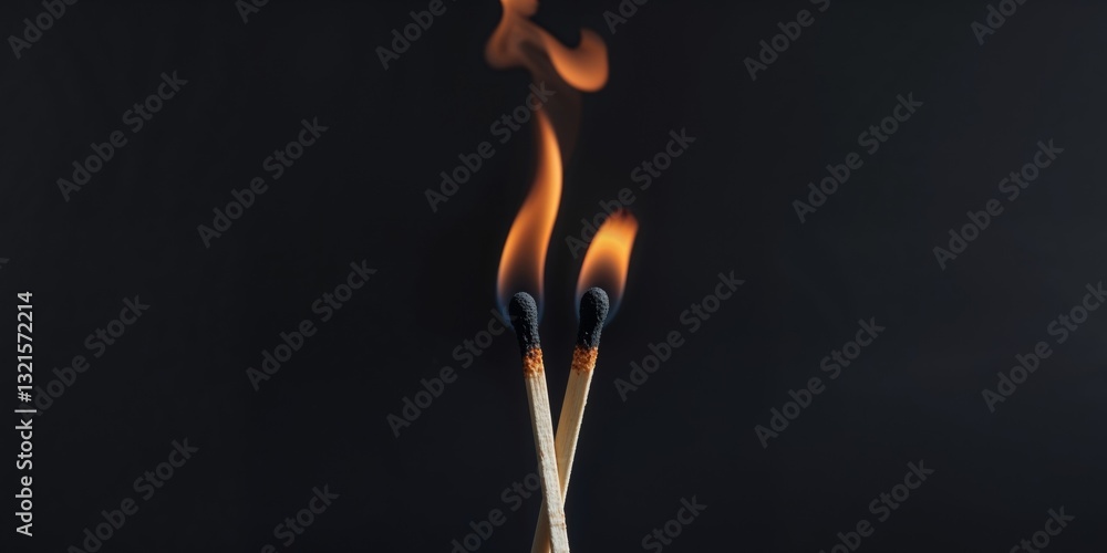 Three matchsticks are lit up in a black background. Three matchsticks are lit up in a black background.