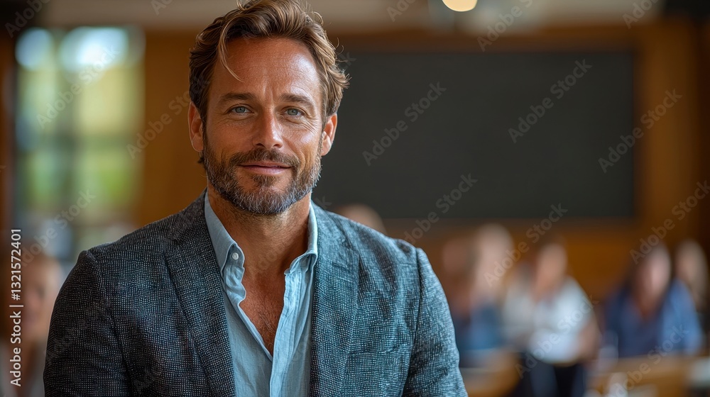 Fototapeta premium Confident Entrepreneur in Professional Setting Engaging with Audience