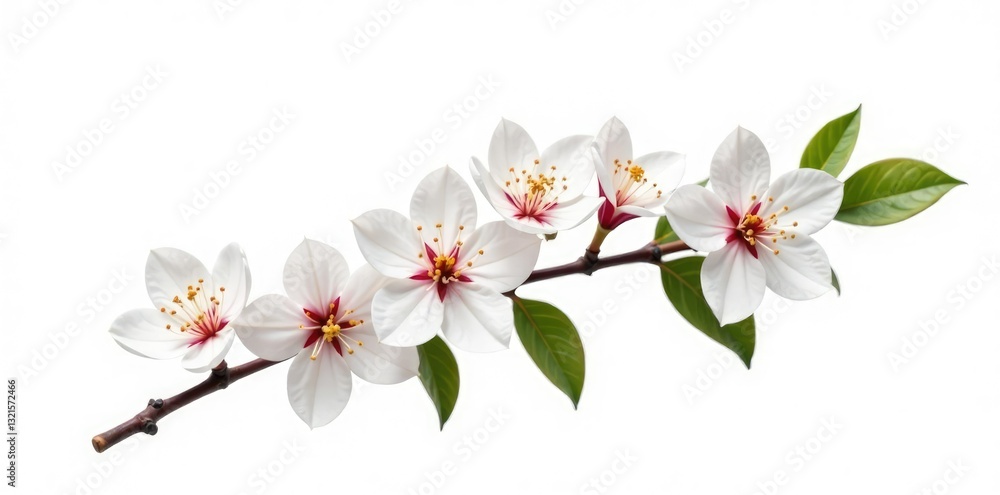 Fototapeta premium Single branch with leaves and flowers isolated on white background, flowers, delicate, greenery