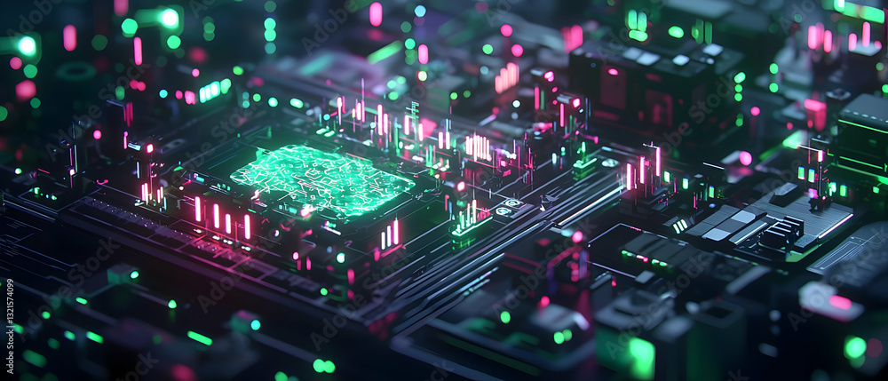 Obraz premium Green Artificial Intelligence Digital Brain On Futuristic Circuit Board With Pink And Green Lights