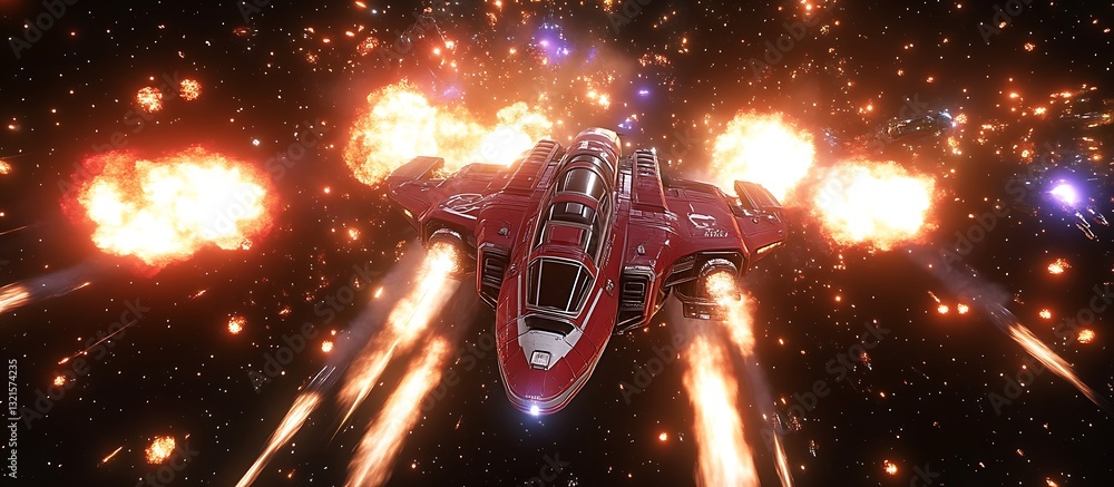 Fototapeta premium Spaceship Flying Through Space Battle Scene with Explosions and Lasers