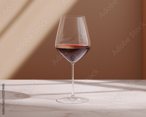 Elegant wine glass with red wine on marble table, sunlit studio setting