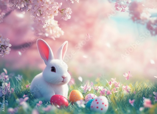 Cute White Rabbit with Easter Eggs Sitting in a Spring Blossom Garden