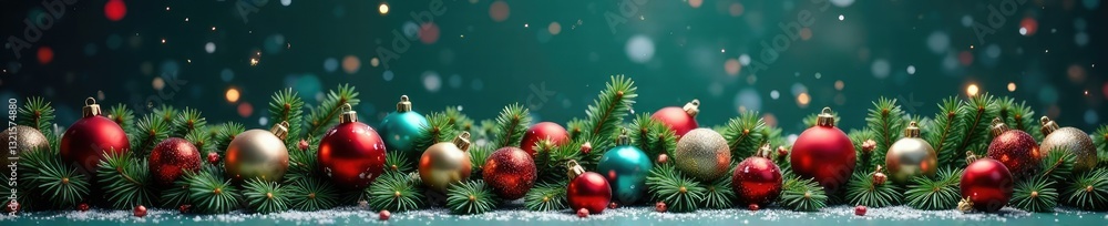 Snowflakes falling gently over a Christmas garland of colorful ornaments, evergreen branches, holiday decoration, winter ornament garland snowflakes christmas decorations Snowflakes falling gently over a Christmas garland of colorful ornaments, evergreen branches, holiday decoration, winter ornament garland snowflakes christmas decorations