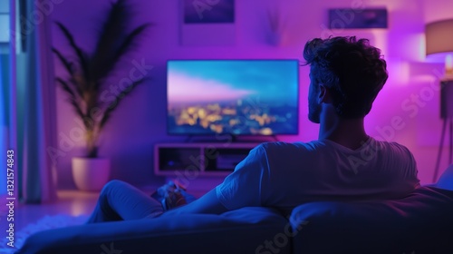 Relaxing Evening Man Watching TV Modern Apartment Purple Neon Lights home room sofa calm cozy blue  