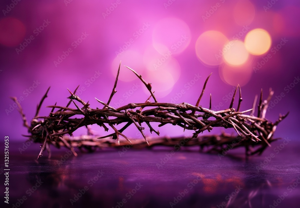 Fototapeta premium Close-up of Crown of Thorns Against Purple Background with Bokeh Lights