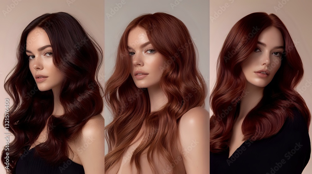 Young Caucasian women with luxurious wavy burgundy and copper hair tones showcase professional hair coloring and styling techniques in beauty salon environment. Young Caucasian women with luxurious wavy burgundy and copper hair tones showcase professional hair coloring and styling techniques in beauty salon environment.