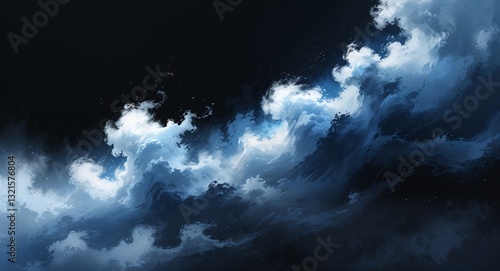 Abstract blue silver fog mist anime on plain dark black background illustration
