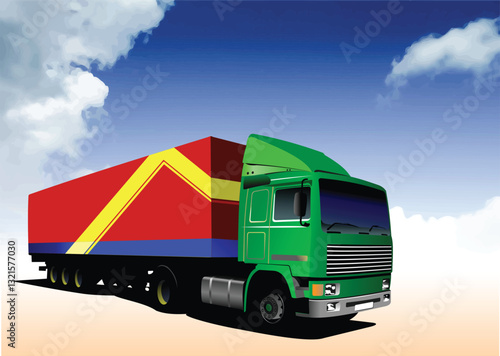 020-45-Green cargo truck transporting goods under a bright blue cloudy sky, symbolizing logistics and freight transportation across the country. Hand drawn illustration