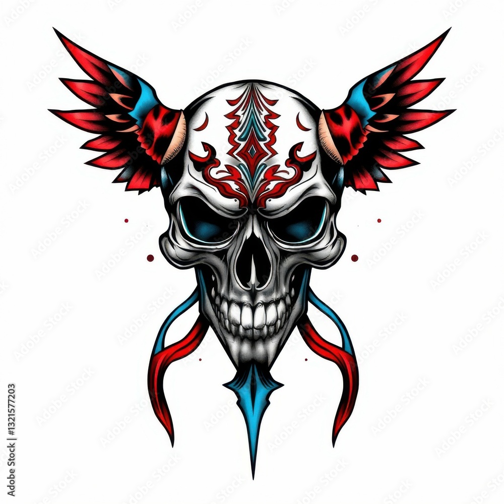 Fototapeta premium Skull with Wings Illustration: A detailed illustration of a skull adorned with intricate designs and vibrant wings, evoking a sense of dark artistry and macabre beauty.