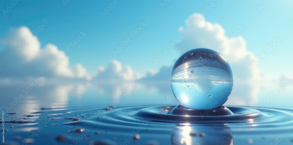 Spherical water droplet falling from sky onto ground gently, Falling, Sky, Ground Spherical water droplet falling from sky onto ground gently, Falling, Sky, Ground