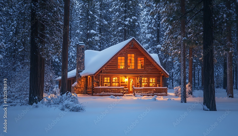A cozy wooden cabin surrounded by snow covered trees in winter A cozy wooden cabin surrounded by snow covered trees in winter