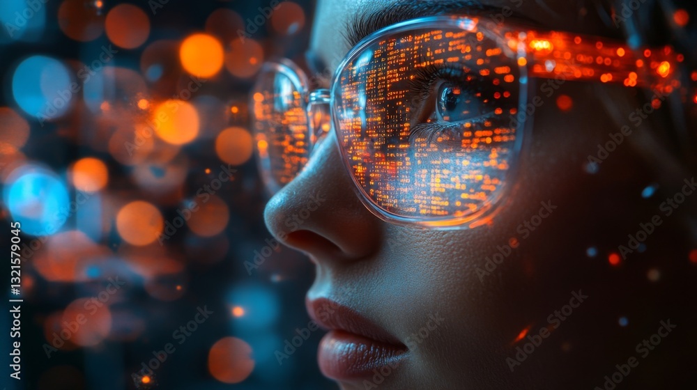 A researcher contemplates the intersection of quantum computing and neural networks. The reflections in her glasses display intricate data patterns and glowing lights, representing complex concepts. A researcher contemplates the intersection of quantum computing and neural networks. The reflections in her glasses display intricate data patterns and glowing lights, representing complex concepts.