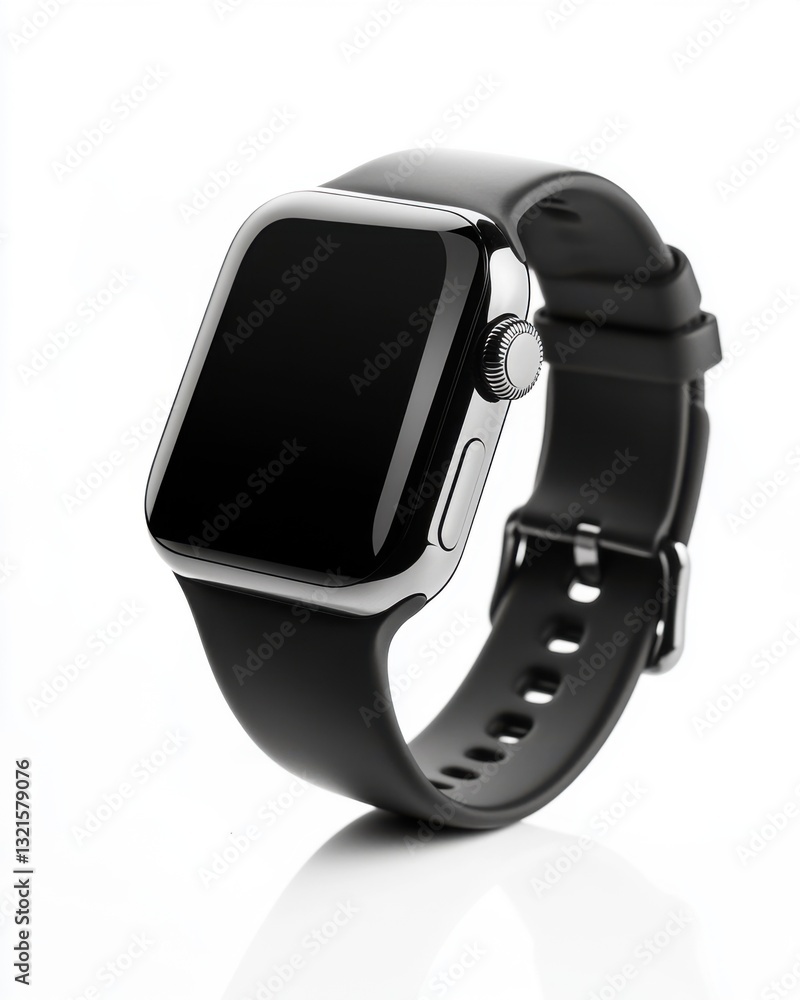 Isolated on white. Black Smartwatch with Silver Accents on White Background Isolated on white. Black Smartwatch with Silver Accents on White Background