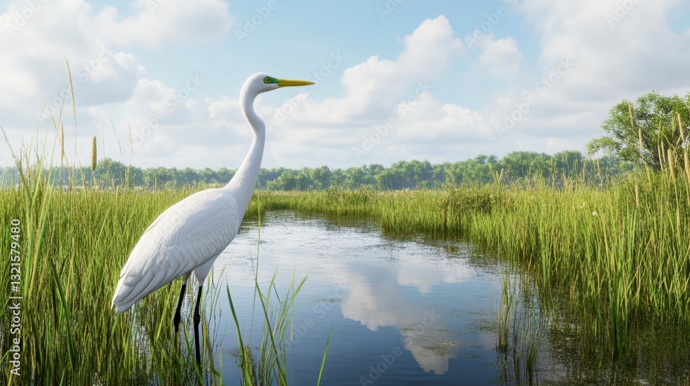 Fototapeta premium White Egret in a Tranquil Marsh Under a Partly Cloudy Sky