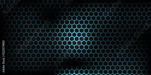 Dark technology hexagonal vector background. Abstract blue bright energy flashes under hexagon in dark technology modern futuristic background vector