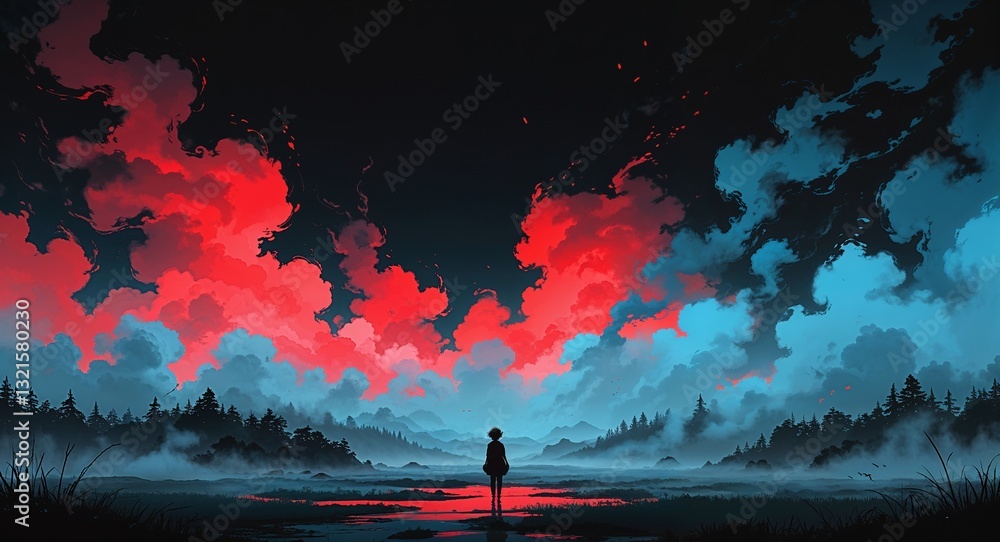 Naklejka premium Abstract cyan red fog mist anime on plain dark black background illustration