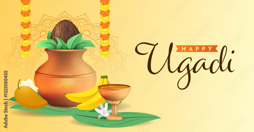 Naklejka premium Happy Ugadi. Template greeting card for holiday Ugadi. Gold pot with creative kalash