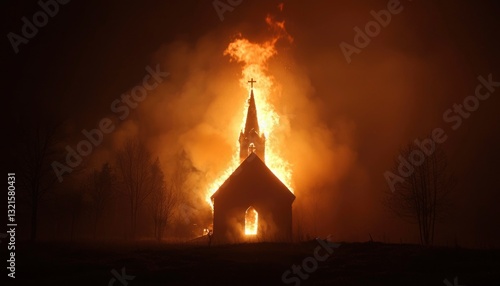Church ablaze at night