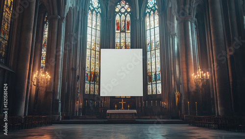 Blank poster mockup inside a gothic cathedral with stained glass windows, religious and historical architecture setting