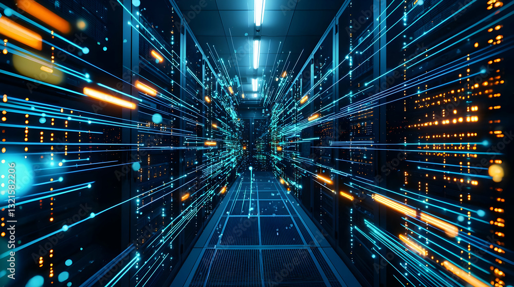 Futuristic Data Center With Glowing Blue and Orange Light Trails and Digital Data Flow Futuristic Data Center With Glowing Blue and Orange Light Trails and Digital Data Flow