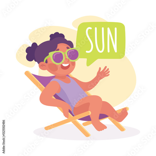 Girl Sunbathing in Deck Chair as Verb Study with Little Kid Demonstrating Activity Vocabulary Vector Illustration