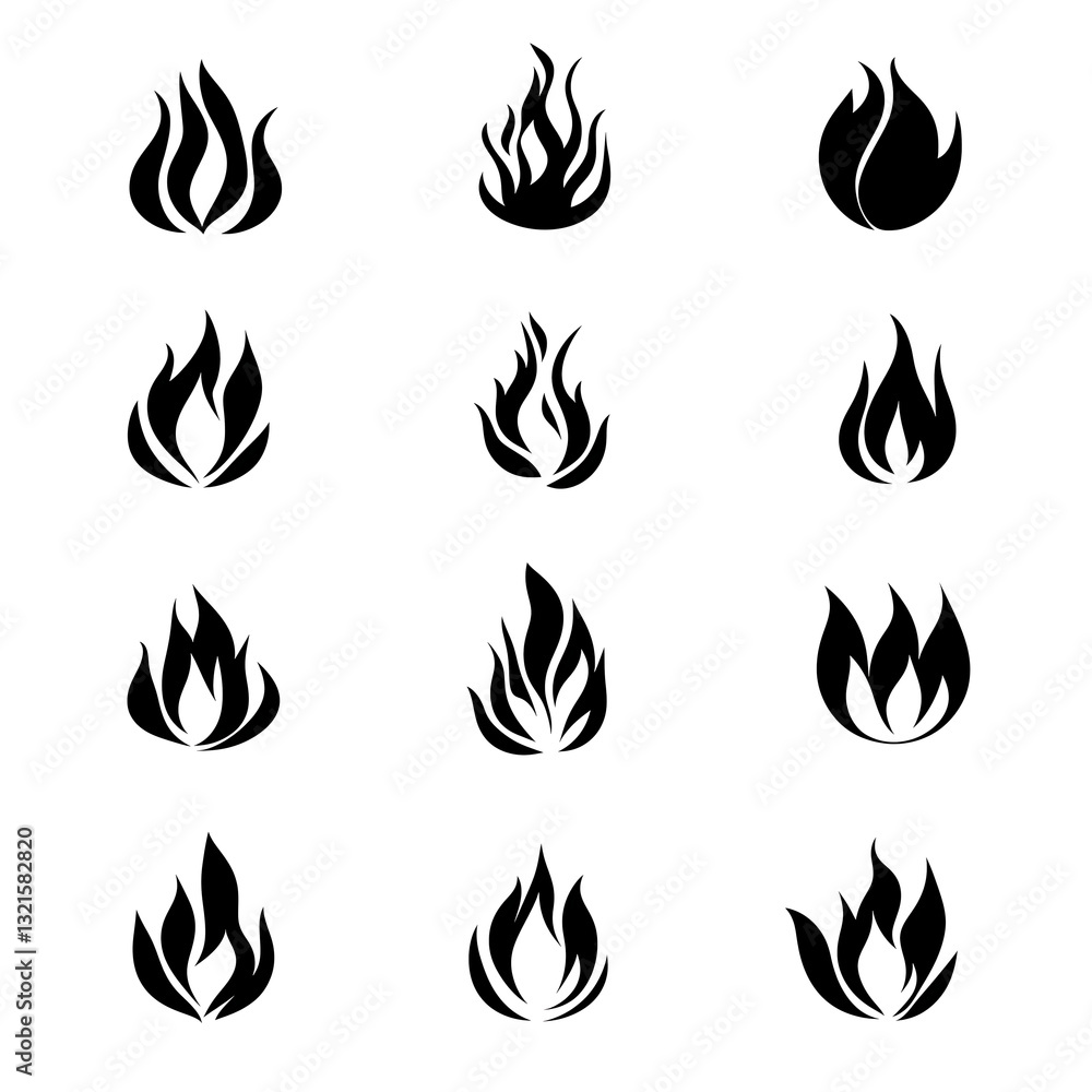 Collection of black fire icons in various flame styles on a white background, vector symbols for heat, energy, and danger concepts Collection of black fire icons in various flame styles on a white background, vector symbols for heat, energy, and danger concepts